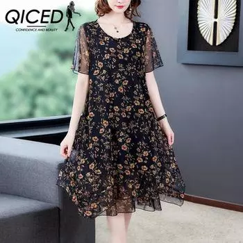 QICED зарубежный стиль, большой размер, свободный тонкий чехол для живота для мамы, марлевое платье с короткими рукавами и цветочным принтом S чёрный