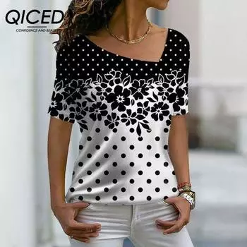QICED Женская асимметричная футболка с v-образным вырезом, весна-лето, европейский и американский женский топ с короткими рукавами и 3D-цветком S