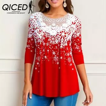 QICED Женская футболка большого размера с длинными рукавами и кружевным принтом с рождественским элементом S красный