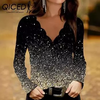 QICED Женская футболка с длинным рукавом и цветочным принтом и волнистым V-образным вырезом S