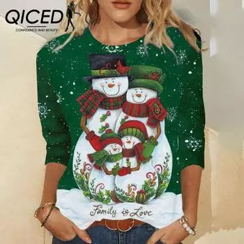 QICED Женская футболка с длинным рукавом и круглым вырезом в рождественском стиле с изображением рождественских элементов S
