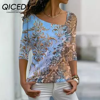 QICED Женская футболка с V-образным вырезом и цветочным принтом, весенний топ с длинными рукавами S