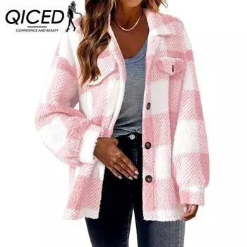 QICED Женская куртка осень-зима с карманами из овечьей шерсти в клетку, плюшевая куртка на пуговицах S серый