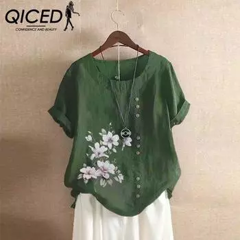 QICED Хлопок и лен Женская Летняя Осенняя Ретро Повседневная Свободная Футболка с коротким рукавом из хлопка и льна Для женщин Большого размера S