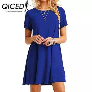 QICED женская летняя женская однотонная футболка с короткими рукавами, повседневное платье S