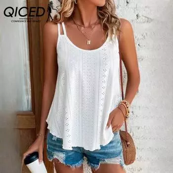 QICED Женская майка-майка с двойными плечами, жаккардовая внутренняя безрукавка с круглым вырезом S белый