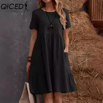 QICED Женская Мода Лето Весна Однотонный Принт Круглый Вырез Завышенная Талия Повседневные Платья S чёрный