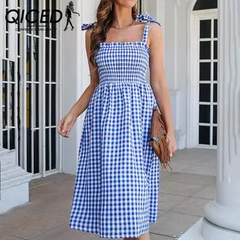 QICED женская мода лето весна клетчатый принт без рукавов с квадратным воротником и высокой талией повседневные платья S красный