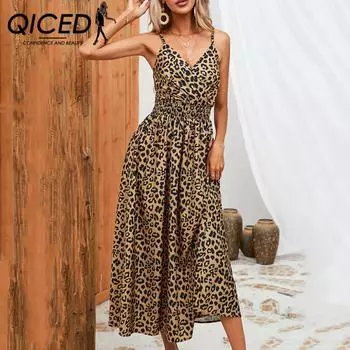 QICED женская мода лето весна леопардовый принт без рукавов с v-образным вырезом и высокой талией повседневные платья S белый