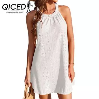 QICED Женская мода лето весна однотонный принт без рукавов с круглым вырезом повседневные платья S чёрный