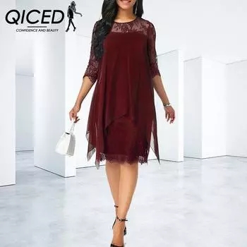 QICED Женская мода лето весна однотонный принт рукава 1/2 О-образный вырез высокая талия повседневные платья S бордовый