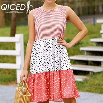 QICED женская мода лето весна повседневные платья без рукавов с круглым вырезом в горошек S красный