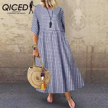 QICED Женская мода лето весна повседневные платья с коротким рукавом и круглым вырезом S синий