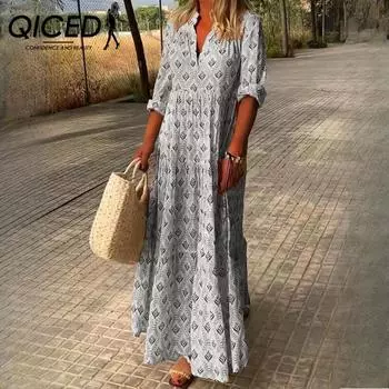 QICED Женская мода лето весна сплошной цвет печати с длинным рукавом поло шеи Высокая талия повседневные платья S розовый