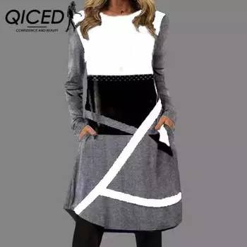 QICED Женская мода осень-зима с длинным рукавом и круглым вырезом повседневные платья S белый