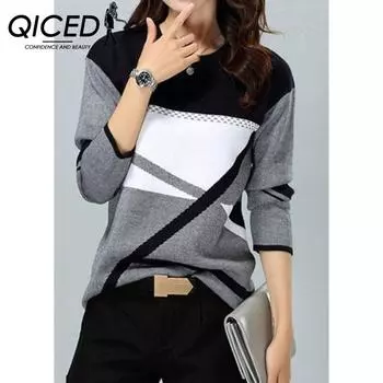 QICED Женская мода повседневные осенне-зимние блузки и рубашки с длинным рукавом и круглым вырезом S чёрный