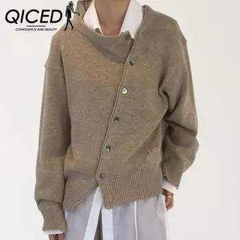 QICED Женская мода повседневный однотонный принт осень зима длинный рукав свободные свитера S чёрный