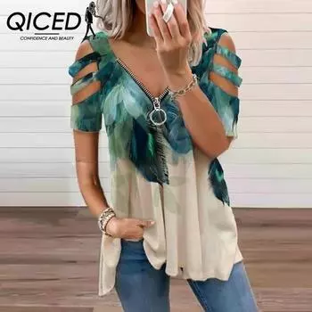 QICED Женская модная повседневная рубашка и блузка с коротким рукавом и V-образным вырезом на весну и лето S красный