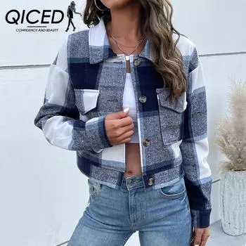 QICED Женская осенне-зимняя короткая клетчатая рубашка-кардиган, винтажная куртка