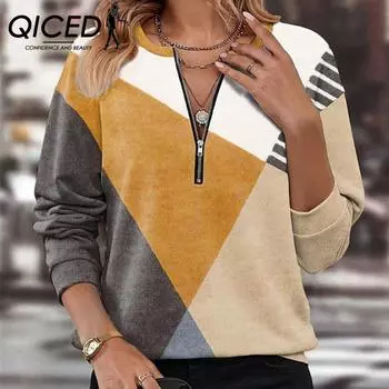 QICED Женская осенне-зимняя толстовка с цветными блоками, свободная молния, длинный рукав, V-образный вырез S жёлтый
