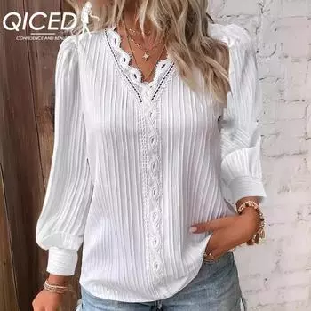 QICED женская осенняя блузка с длинным рукавом и V-образным вырезом в стиле пэчворк из кружева S белый