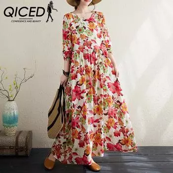 QICED Женская осенняя цветная праздничная стильная дорожная винтажная длинная юбка с круглым вырезом, покрытая мясом, хлопковое льняное платье