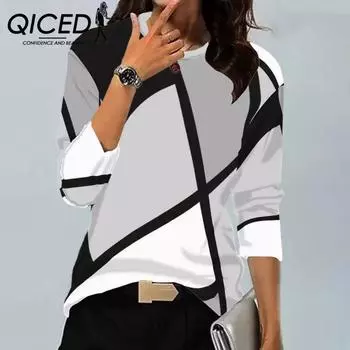 QICED Женская рубашка весна-осень, винтажный геометрический принт, О-образный вырез, длинный рукав, футболка S