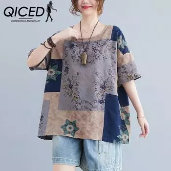 QICED Хлопок Конопля Женская Свободная Футболка с Круглым Вырезом и Короткими Рукавами Футболка Летняя Утягивающая Блузка Скрывает Мяса Женская XL зелёный