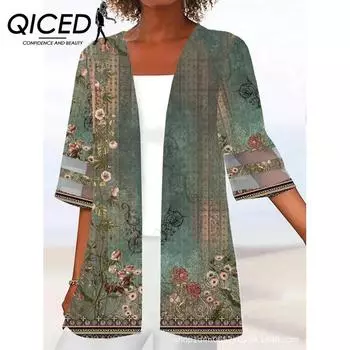 Женская свободная конопляная куртка QICED весна-лето с принтом и средним рукавом S серый