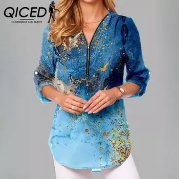 QICED Женская свободная рубашка с длинным рукавом и застежкой-молнией и V-образным вырезом большого размера S синий/розовый