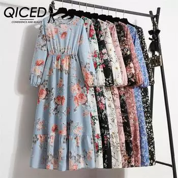 QICED женская юбка для перерыва на чай, шифоновое платье с длинными рукавами и цветочным принтом, весенне-осенняя женственная юбка для похудения с талией, фея S