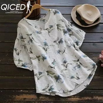 QICED Женская весенне-летняя женская рубашка из хлопка и льна с v-образным вырезом и короткими рукавами с принтом S белый
