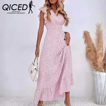 QICED Женская весна-лето с v-образным вырезом на талии, пышная юбка с рукавами лотоса и высокой талией S чёрный