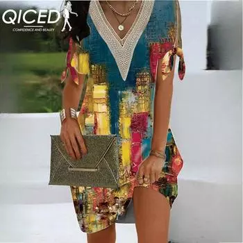 QICED Женские летние модные платья с разрезом на рукаве и бантом на вырезе, кружевные платья с принтом S белый