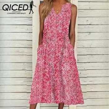 QICED Женские летние платья без рукавов с цветочным принтом и V-образным вырезом, длинные свободные S розовый