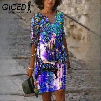 QICED Женские летние свободные платья из бамбукового волокна с цветочным принтом и короткими рукавами в винтажном литературном стиле с круглым вырезом и рукавами Five Points S