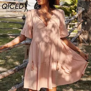 QICED женские модные летние весенние однотонные повседневные платья с короткими рукавами и v-образным вырезом с принтом S белый