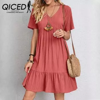 QICED женские модные летние весенние однотонные повседневные платья с коротким рукавом и v-образным вырезом и высокой талией S красный