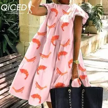 QICED женские модные летние весенние однотонные повседневные платья с коротким рукавом и круглым вырезом с высокой талией и принтом S белый