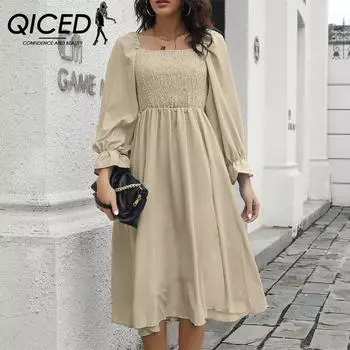 QICED женские модные летние весенние однотонные повседневные платья с длинными рукавами и квадратным воротником и высокой талией S бордовый