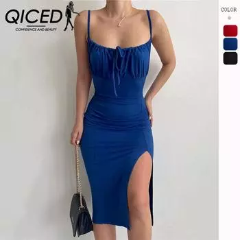 QICED женские модные летние весенние однотонные повседневные платья без рукавов с квадратным воротником и высокой талией