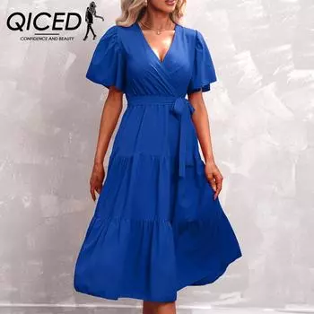 QICED женские модные летние весенние однотонные повседневные платья с коротким рукавом и v-образным вырезом и высокой талией S красный