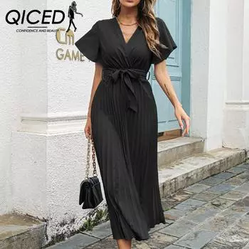 QICED женские модные летние весенние однотонные повседневные платья с короткими рукавами и v-образным вырезом с принтом S бордовый