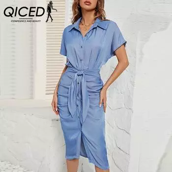 QICED женские модные летние весенние однотонные повседневные платья с короткими рукавами и воротником-поло с высокой талией и принтом