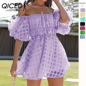 QICED женские модные летние весенние однотонные повседневные платья с короткими рукавами и высокой талией на одно плечо