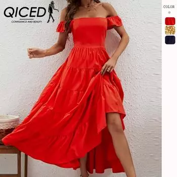 QICED женские модные летние весенние однотонные повседневные платья с короткими рукавами и высокой талией на одно плечо