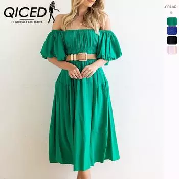 QICED женские модные летние весенние однотонные повседневные платья с короткими рукавами и высокой талией на одно плечо