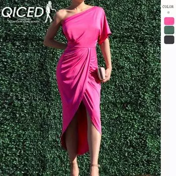 QICED женские модные летние весенние однотонные повседневные платья с короткими рукавами и высокой талией с принтом