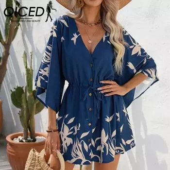 QICED женские модные летние весенние повседневные платья с цветочным принтом и коротким рукавом с v-образным вырезом и высокой талией S чёрный