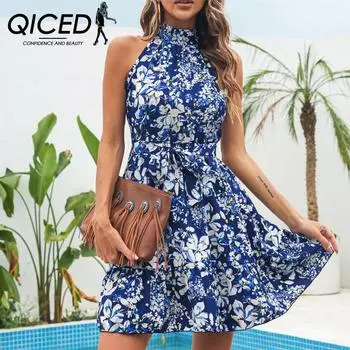 QICED женские модные летние весенние повседневные платья без рукавов с цветочным принтом и полуводолазкой S розовый